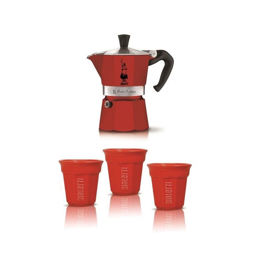 Zestaw upominkowy Bialetti moka express 3 porcje + 3 filiżanki, czerwony