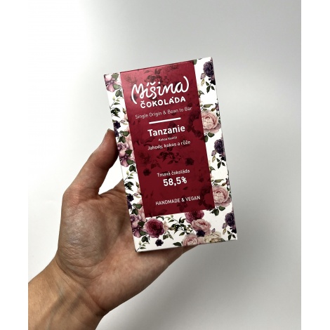 Chocolate Mixed chocolate, Tanzania Strawberries, coconut, rose 58,5%