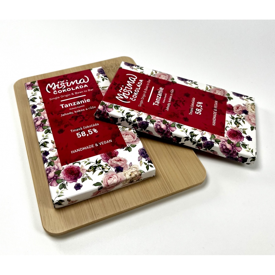 Chocolate Mixed chocolate, Tanzania Strawberries, coconut, rose 58,5%